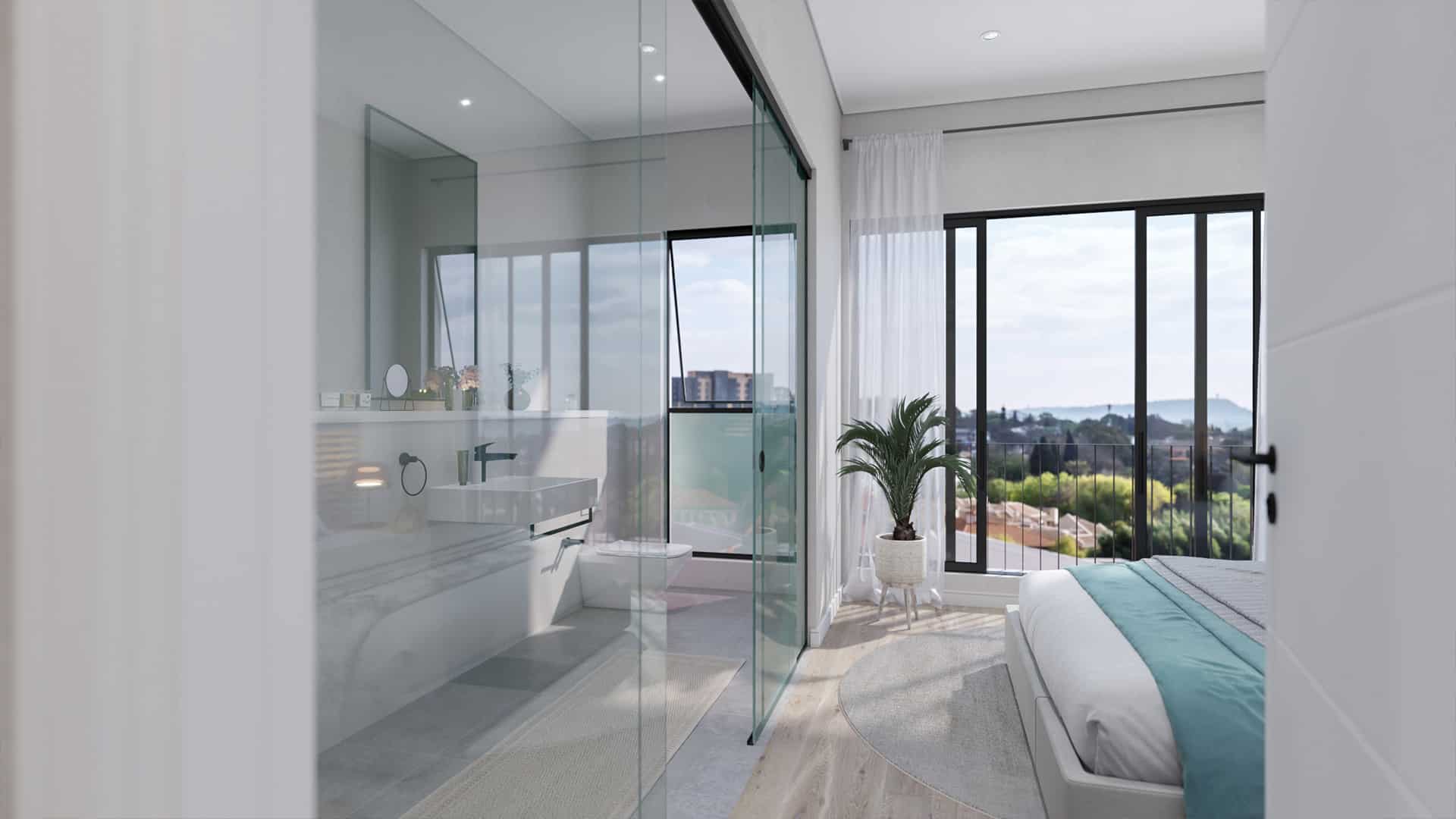 http://Penthouse-Bedroom-Blue-Bedding-Entrance